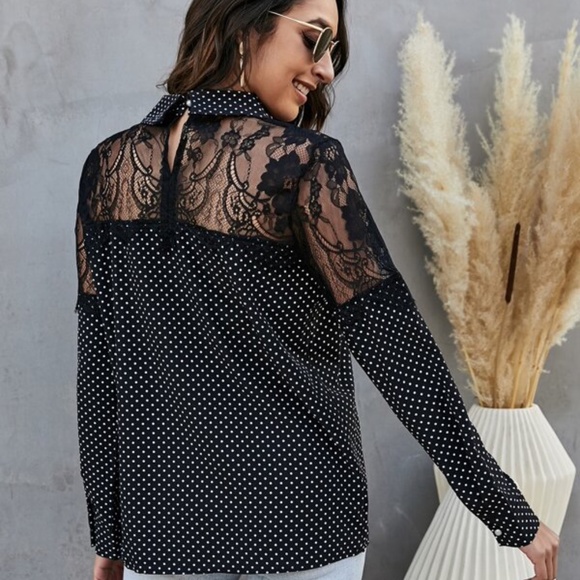 Coral Orange Polka Dot Floral lace Sheer Blouse - Picture 8 of 9